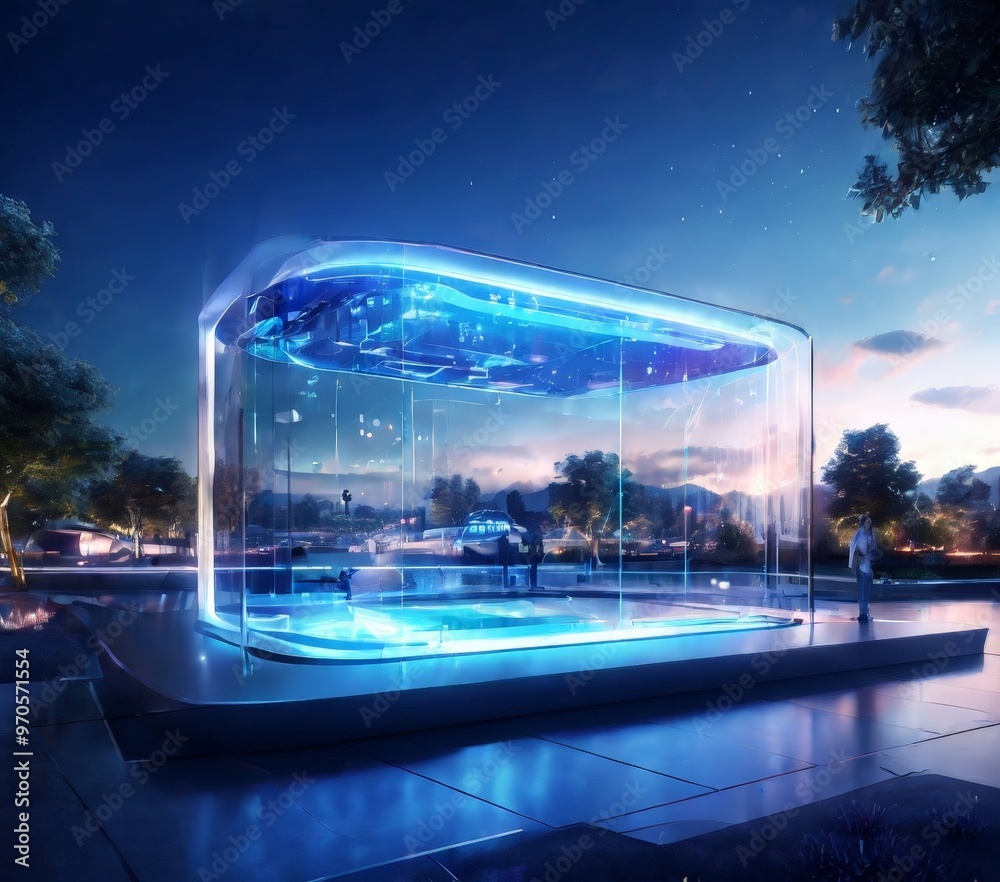 Fototapete A futuristic glass structure with a curved top and a blue tint stands in a park, surrounded by trees and illuminated by a soft, glowing light.