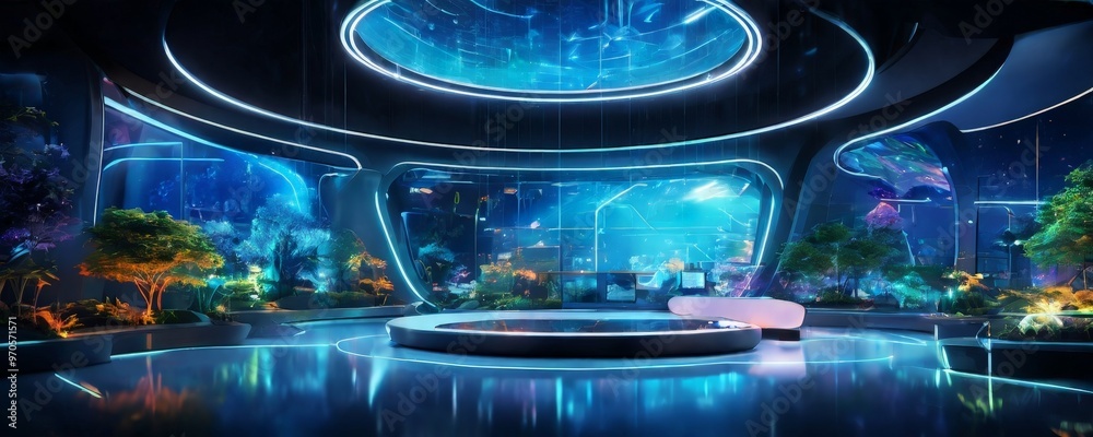 Poster a futuristic, circular room with a large circular platform at its center, surrounded by a variety of