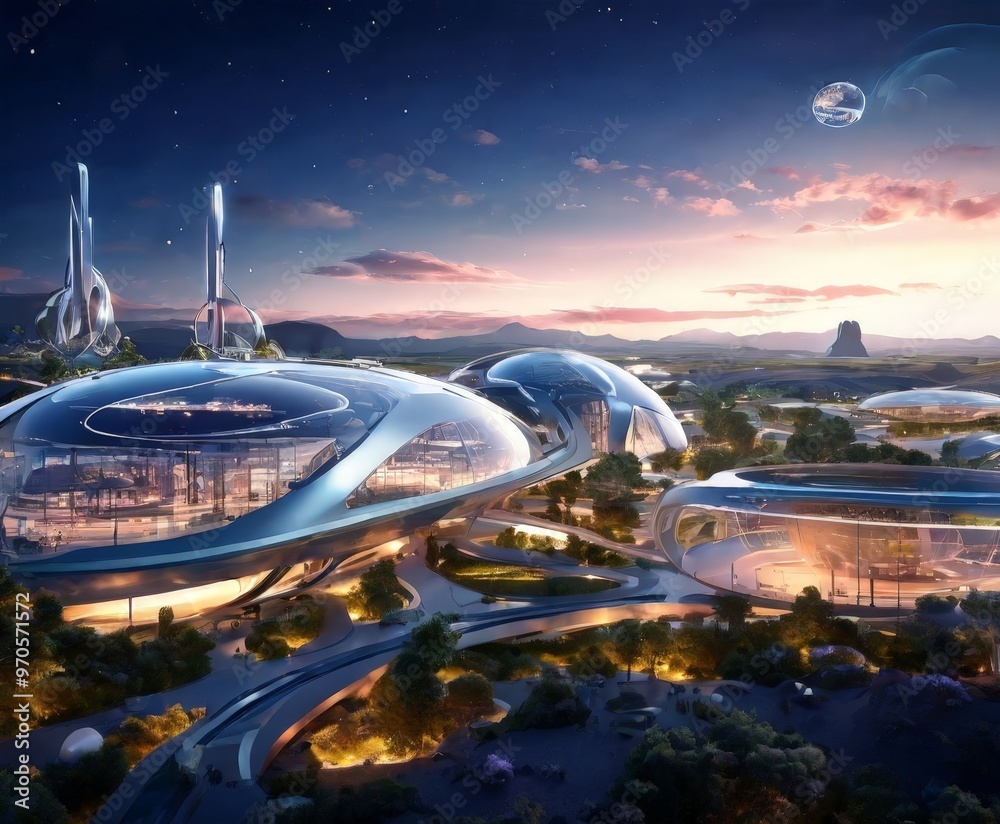 Aufkleber the image presents a futuristic cityscape at twilight, featuring a cluster of domed structures with 