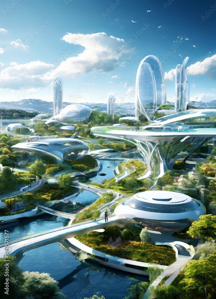 Aufkleber the image presents a futuristic cityscape with a blend of natural and man-made elements. the city is