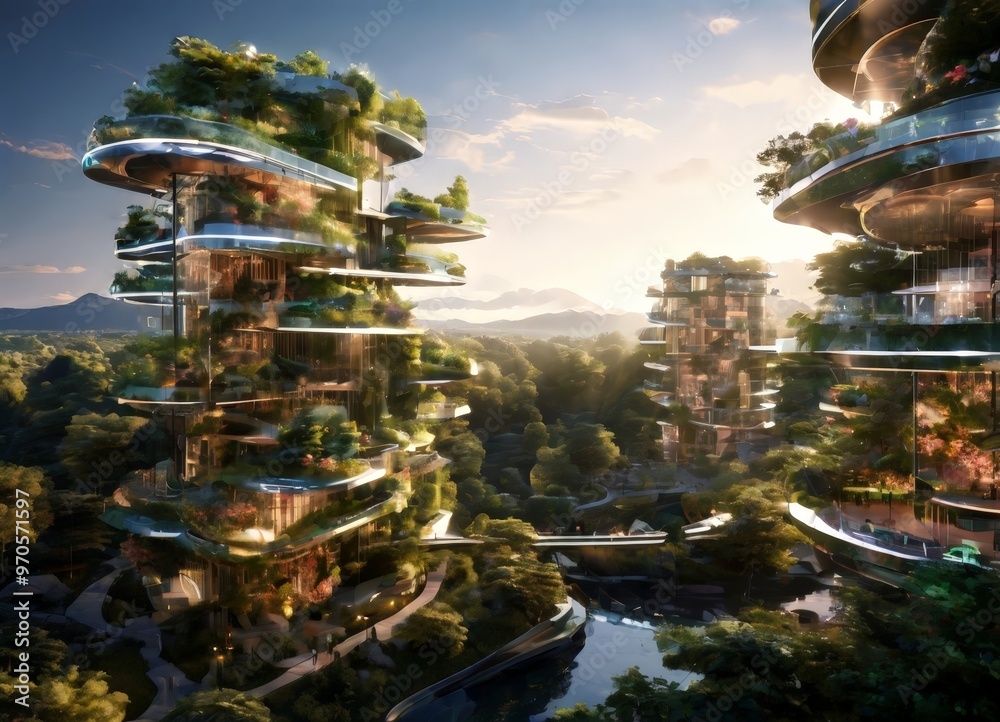 Poster a futuristic cityscape with towering buildings covered in lush greenery, set against a backdrop of a