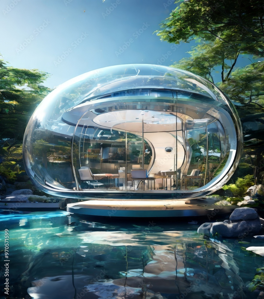 Poster a futuristic glass dome structure with a curved roof and seating area is situated in a tranquil pond