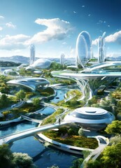 The image presents a futuristic cityscape with a blend of natural and man-made elements. The city is characterized by a variety of architectural structures, including