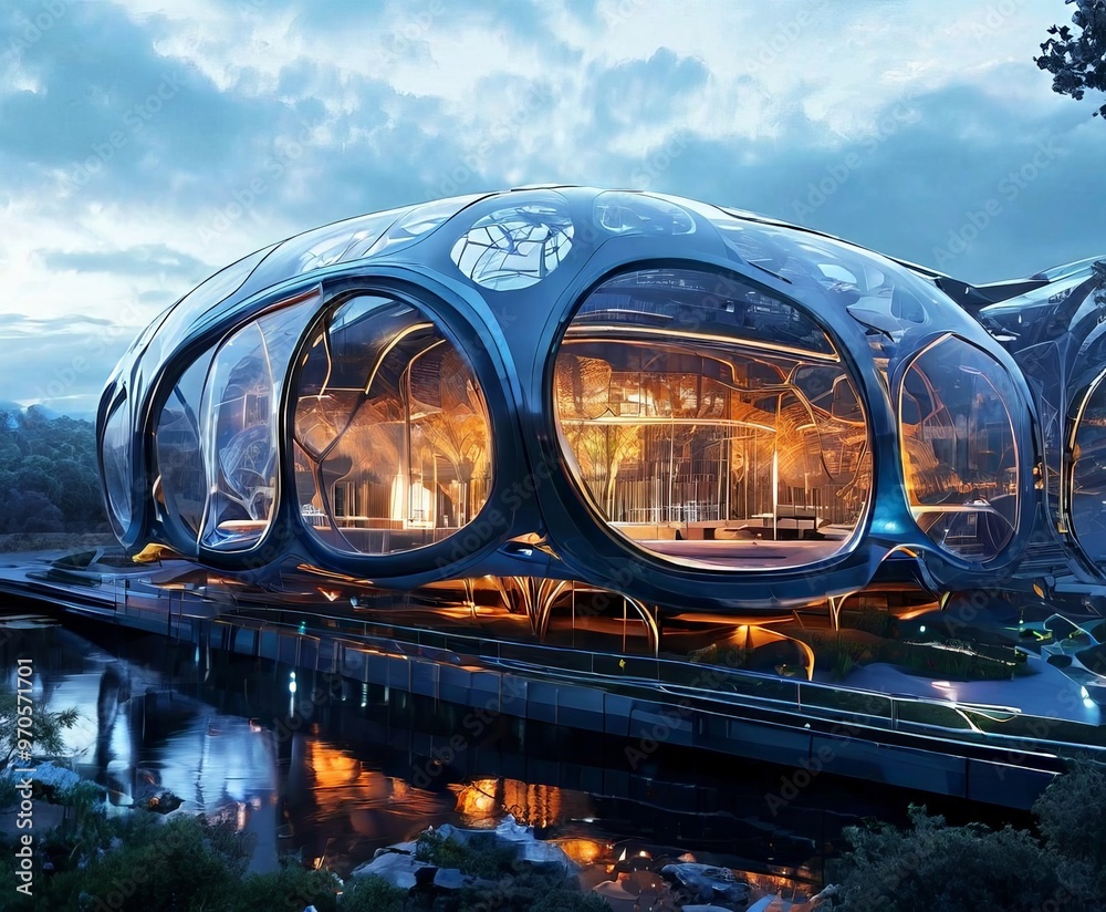 Poster a futuristic architectural structure with a curved, dome-like roof and large, circular windows, situ