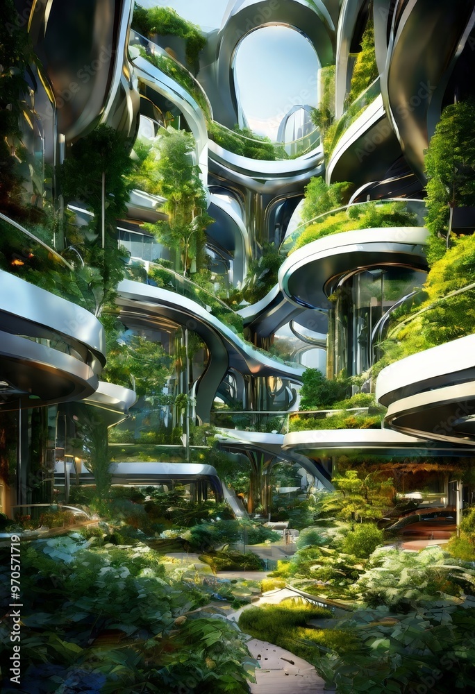Poster a futuristic architectural structure with curved, metallic forms and a lush, verdant landscape. the 