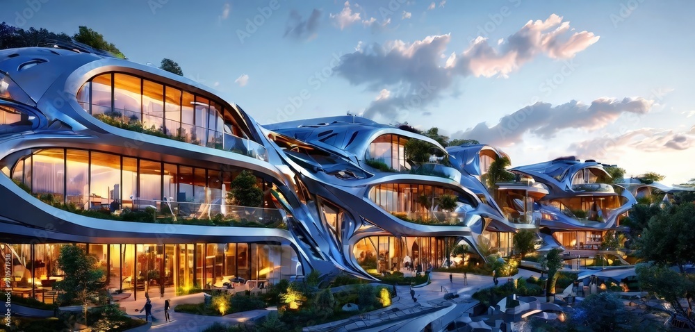 Poster a futuristic architectural design with curved, angular structures and large windows, set against a backdrop of a clear blue sky with scattered clouds.