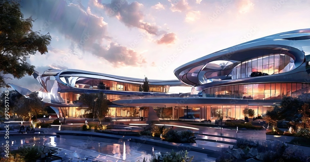 Aufkleber a futuristic architectural design with curved lines and glass walls, set against a backdrop of a sun
