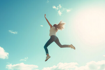 Fototapeta premium Cheerful business woman jumping energetically on sky .