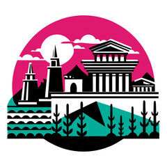 Fototapeta premium Diverse cityscape silhouette in vibrant colors for urban t-shirt print
