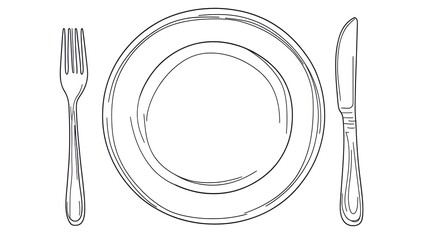 One continuous one line hand drawn plate, knife and fork Simple sketch design isolated on white background. outline Vector illustration