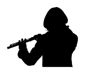 Woman flute music playing flutist vector silhouette illustration isolated on white background. Musician girl performer with musical instrument. Street performer. Music lady portrait.  Flute player.