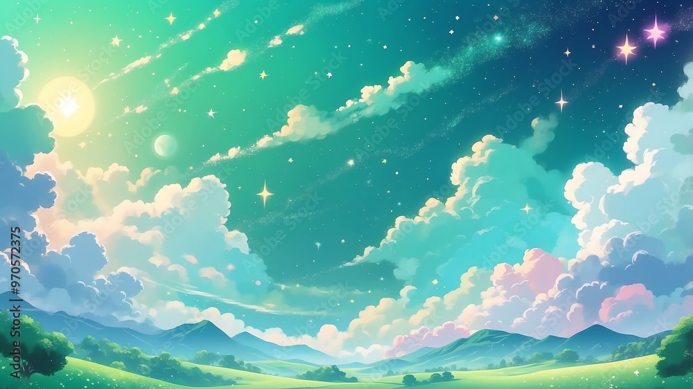 Wall mural pastel green color dream with glitter stars and clouds, anime style background