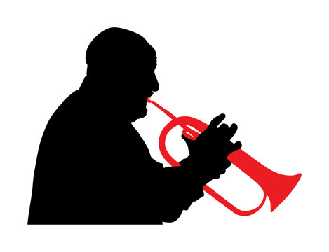 recommend clip art: Musician man play trumpet on stage vector silhouette illustration isolated on white. Music male. Jazz man. Bugler artist street performer. Trumpeter shape shadow. Traditional folklore instrument.