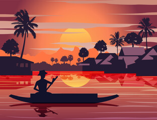 sunset landscape and Buddha Thai temple with a rowing boat around with tree.countryside of east lifestyle.vector illustration