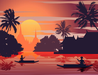 sunset landscape and Buddha Thai temple with a rowing boat around with tree.countryside of east lifestyle.vector illustration