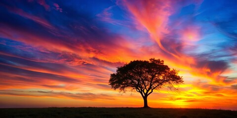 A beautiful lone tree silhouetted against a vibrant sunset sky in a vast landscape