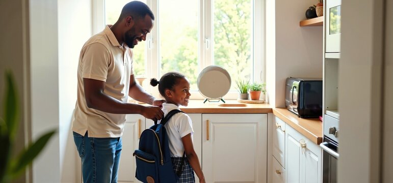 Caring African American Dad Assisting Young Daughter to Prepare for a School Day - Powered by Adobe