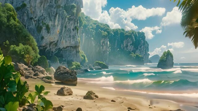 A secluded beach with clear topaz water surrounded by towering cliffs, A secluded beach surrounded by towering cliffs and lush greenery