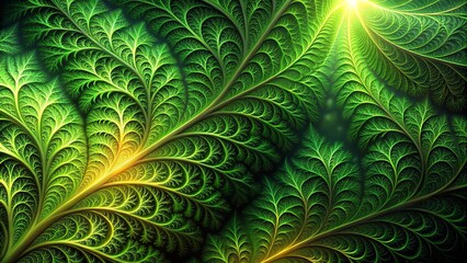 Fractal leaves in vibrant green with intricate patterns, glowing in the twilight