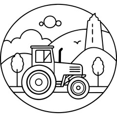 nature and tractor outline coloring book page line art drawing