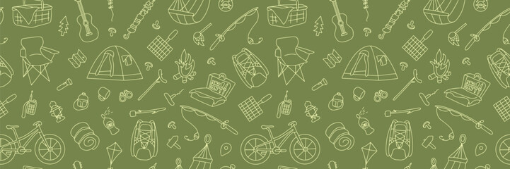 Seamless pattern. Hand drawn picnic, travel and camping theme. World Tourism Day. Vector 