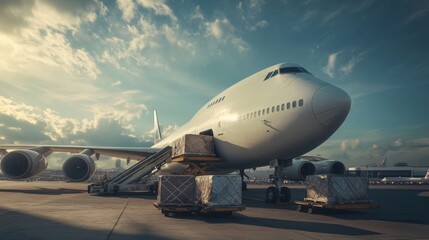 A large cargo plane is currently being loaded at the airport. Air cargo logistic containers