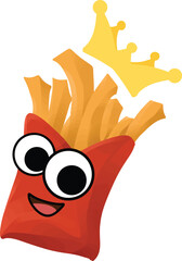 french fries mascot wearing a crown and smile