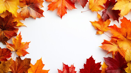 autumn leaves frame, Colorful autumn leaves forming a frame around a white background, including vibrant orange, red, and yellow maple leaves