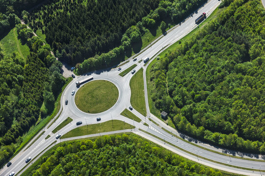 Rural round intersection in green landscape. Denmark