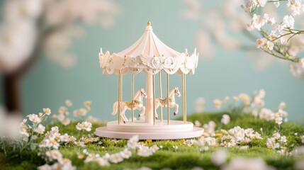 A miniature, steam powered carousel, its horses adorned with delicate wings and intricate designs, spins gently amidst a field of blooming flowers.