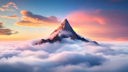 Fototapeta premium A lone, ancient mountain peak pierces through a sea of clouds, its summit bathed in a soft, ethereal light, revealing a hidden, mystical world.