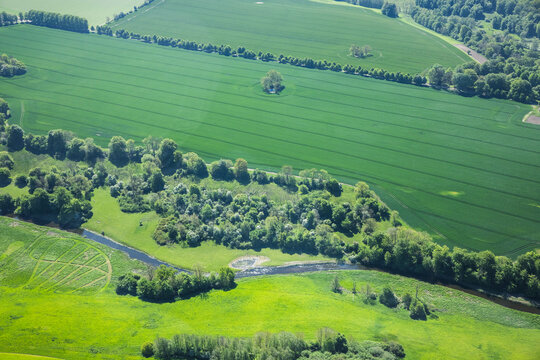Aerial landscape of rural green landscape in Denmark.