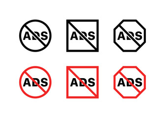 No ads set icons. Prohibitory sign icons. Flat and silhouette style. Vector icons.