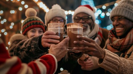 Friends gathering at a christmas market outside, enjoying hot chocolate and laughter, surrounded by lights and togetherness, creating joyful memories