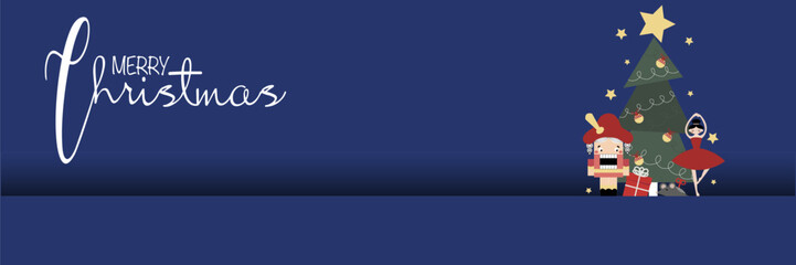 Vector Merry Christmas web banner with nutcracker, ballerina, gifts, christmas tree, decorative balls