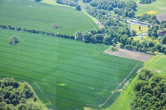 Aerial landscape of rural green landscape in Denmark.