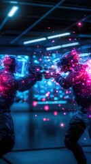 Fototapeta premium A futuristic gaming setup featuring 3D holographic characters engaged in a dynamic battle mid-air.