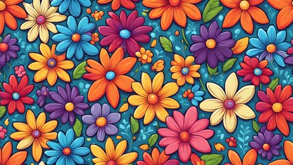 Colorful cartoon flowers on a blue background.