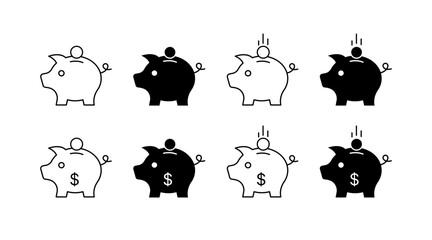 Fototapeta premium Pig piggy bank set icons. Linear and silhouette style. Vector icons.