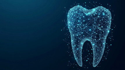This is a blue, geometric design that looks like a tooth. It's made up of dots, lines, and a mesh-like pattern. The design represents a modern concept of dental care.low poly vector illustration.