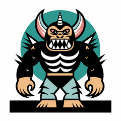 Fototapeta premium Cartoon monster character with fierce expression against teal background for t-shirt print