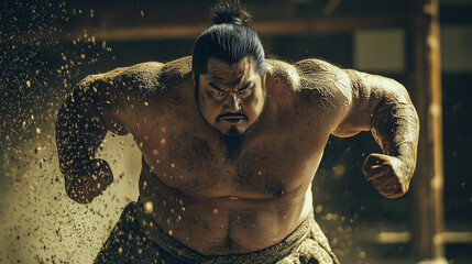 A sumo wrestler charging at his opponent in a traditional ring