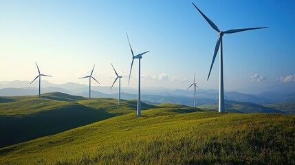 Obraz premium Wind turbines spinning in a clean energy field, contributing to renewable power solutions through sustainable technology.