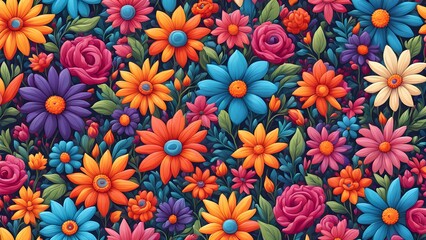 A vibrant, seamless pattern of colorful flowers, including daisies, roses, and other blooms, set against a dark green background.