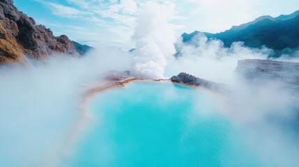 Obraz premium A mesmerizing shot of steam rising from a hot spring, showcasing the natural beauty and power of geothermal energy.
