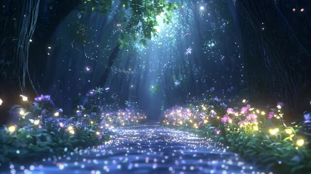 Enchanting forest path with glowing lights and blooming flowers
