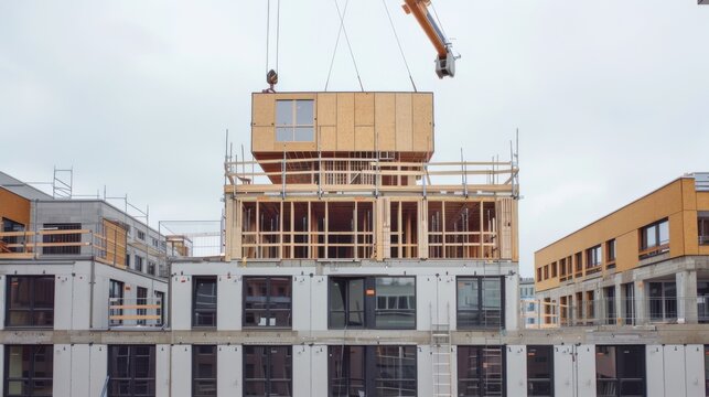 Wooden building module is raised by a crane and placed into the framework. Berlin office building under construction. Modular wood construction