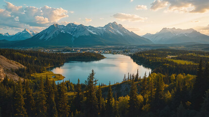 Scenic mountain lake landscape at sunset