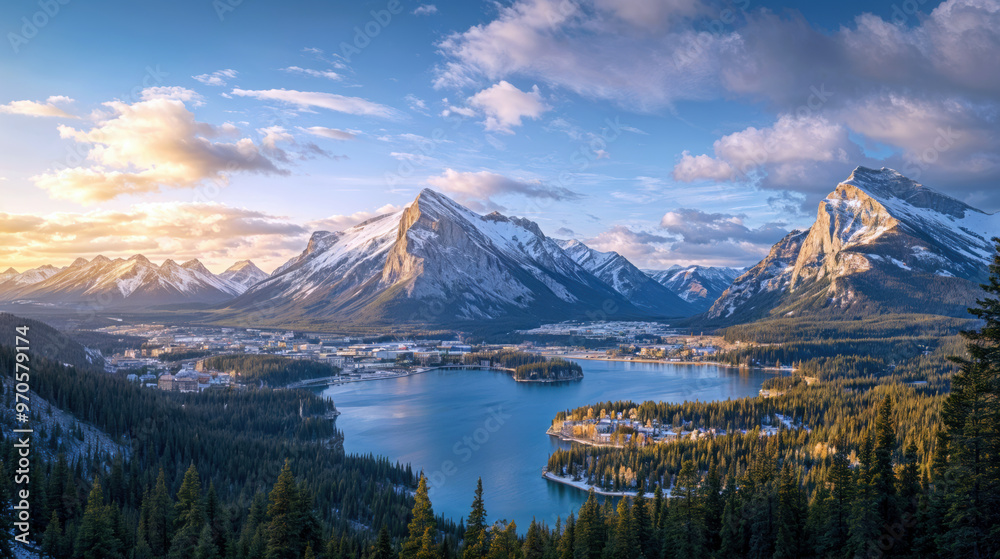 Wall mural Aerial view snow mountains and lake at sunrise