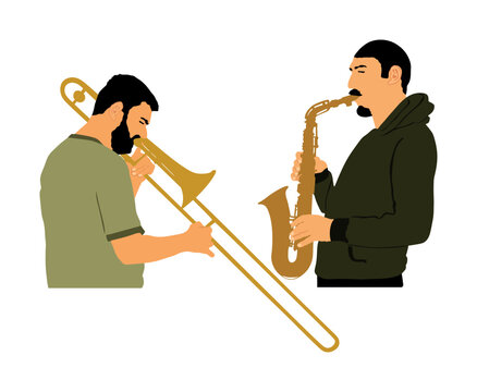 recommend clip art: Duo Trombone and trumpet players vector illustration isolated. Duet Music man play wind instrument. Artist boy jazz band. Bugler street performer. Saxophone musician play on entertainment event.